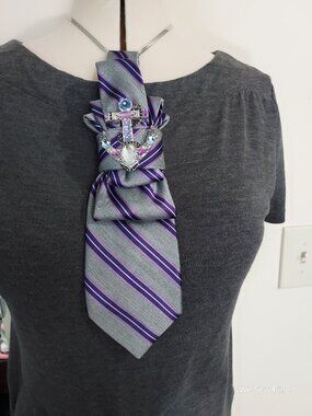 Statement Necktie Necklace with Handcrafted Brooch